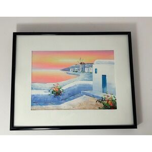 Original Greek Island Sunset Oil Painting Signed Framed Windmill Landscape